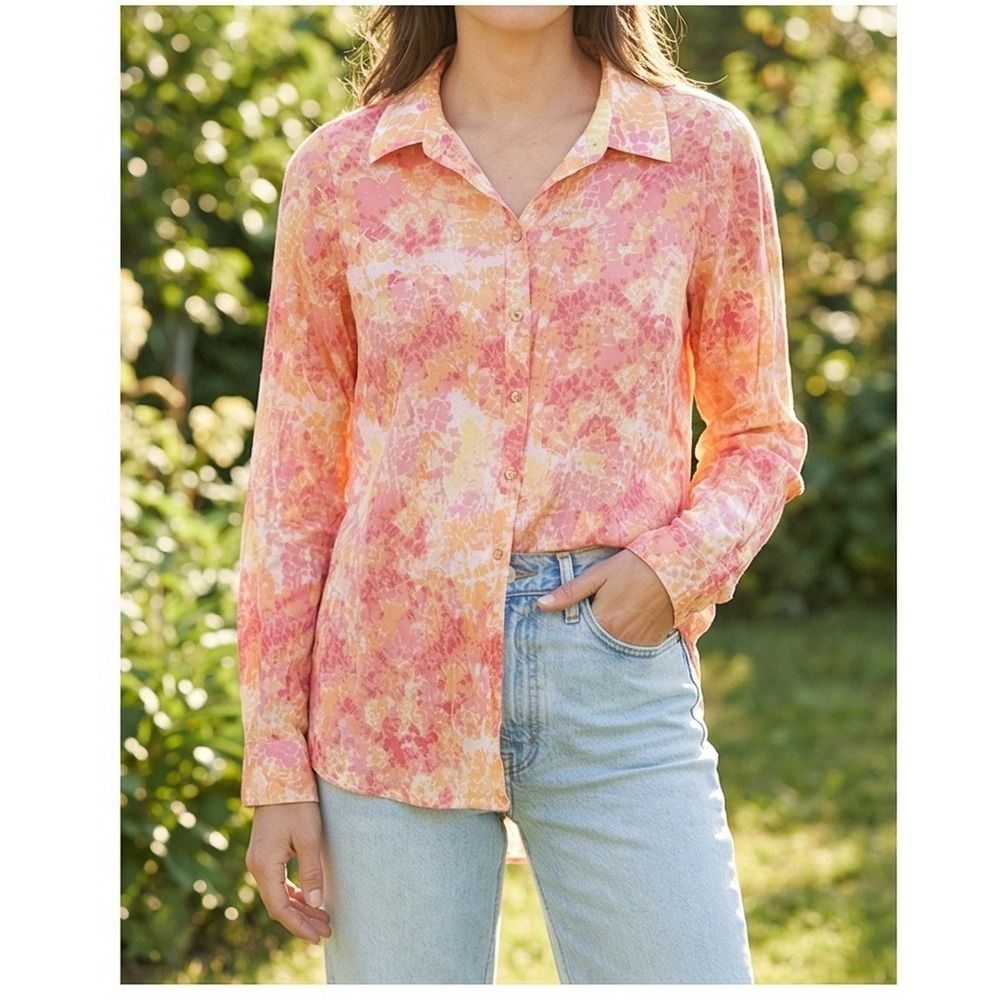 Foxcroft NYC Women's 8 Button Down Shirt Flirty Pink Orange Floral Cotton NEW